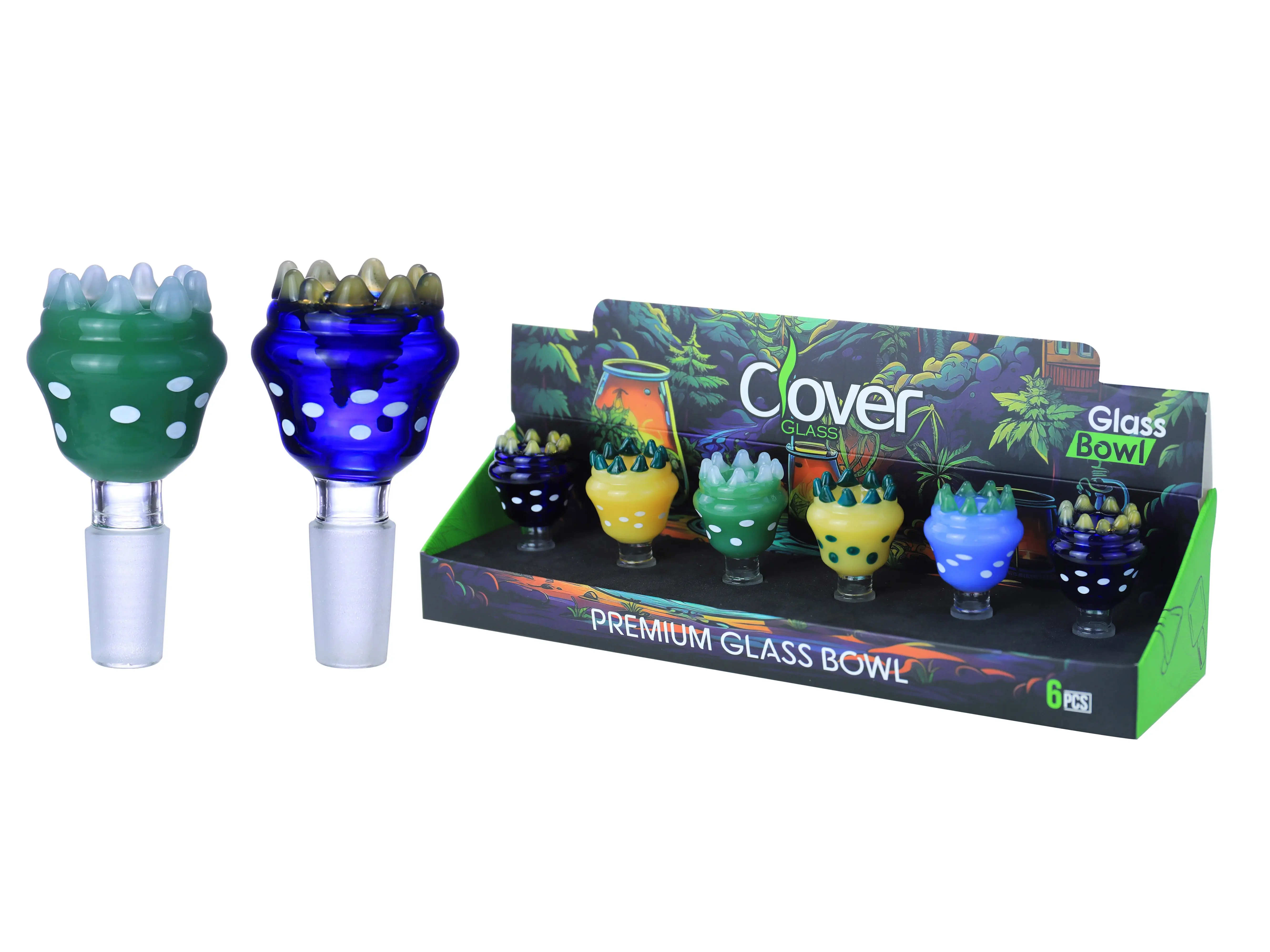 [10102-09] Clover Glass Blow Head 14MM 6Pc a Display Mix Color  (Thick Flower With Teeth)