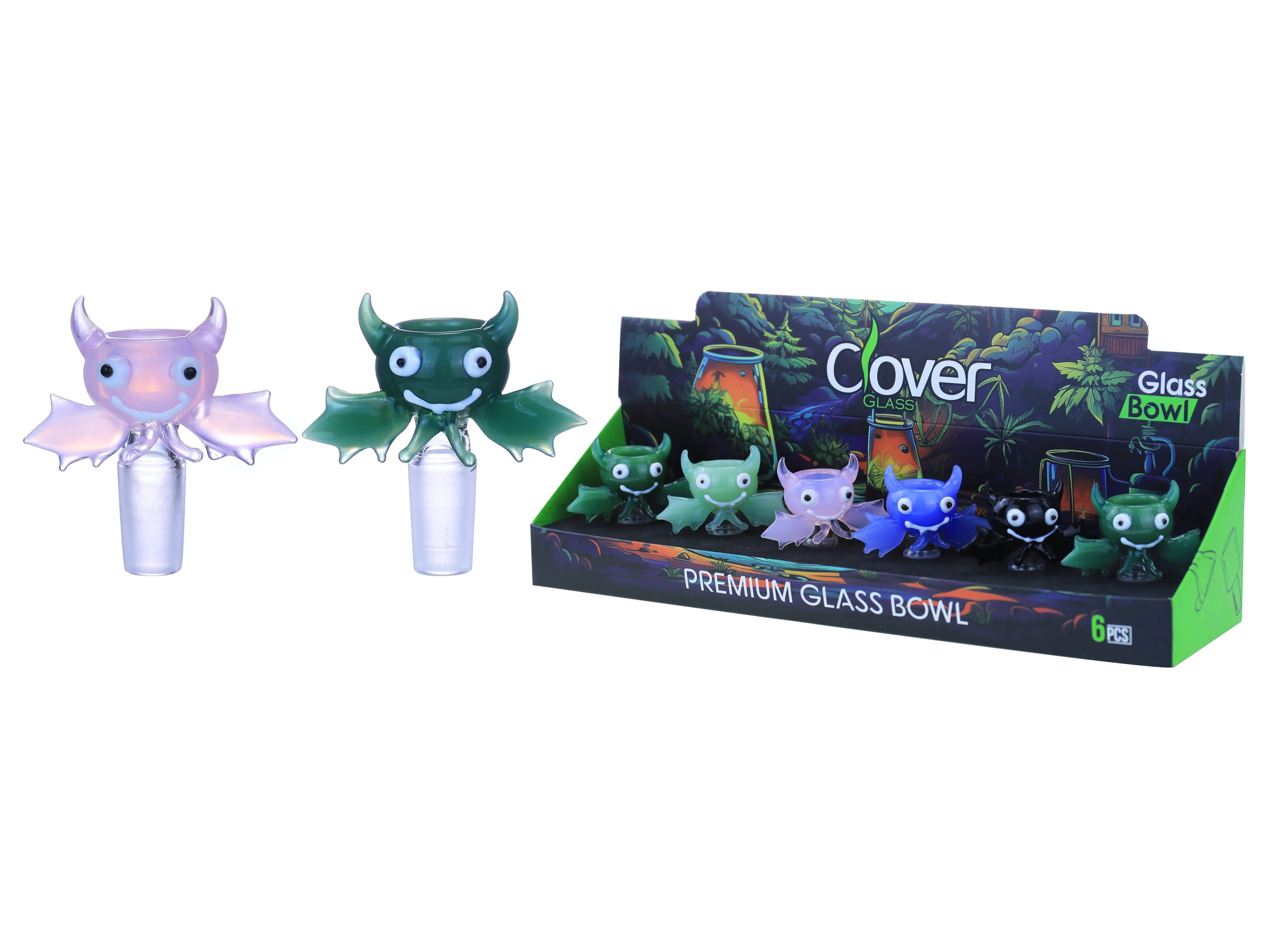 [10102-11] Clover Glass Blow Head 14MM 6Pc a Display Mix Color  (Demon With wings)