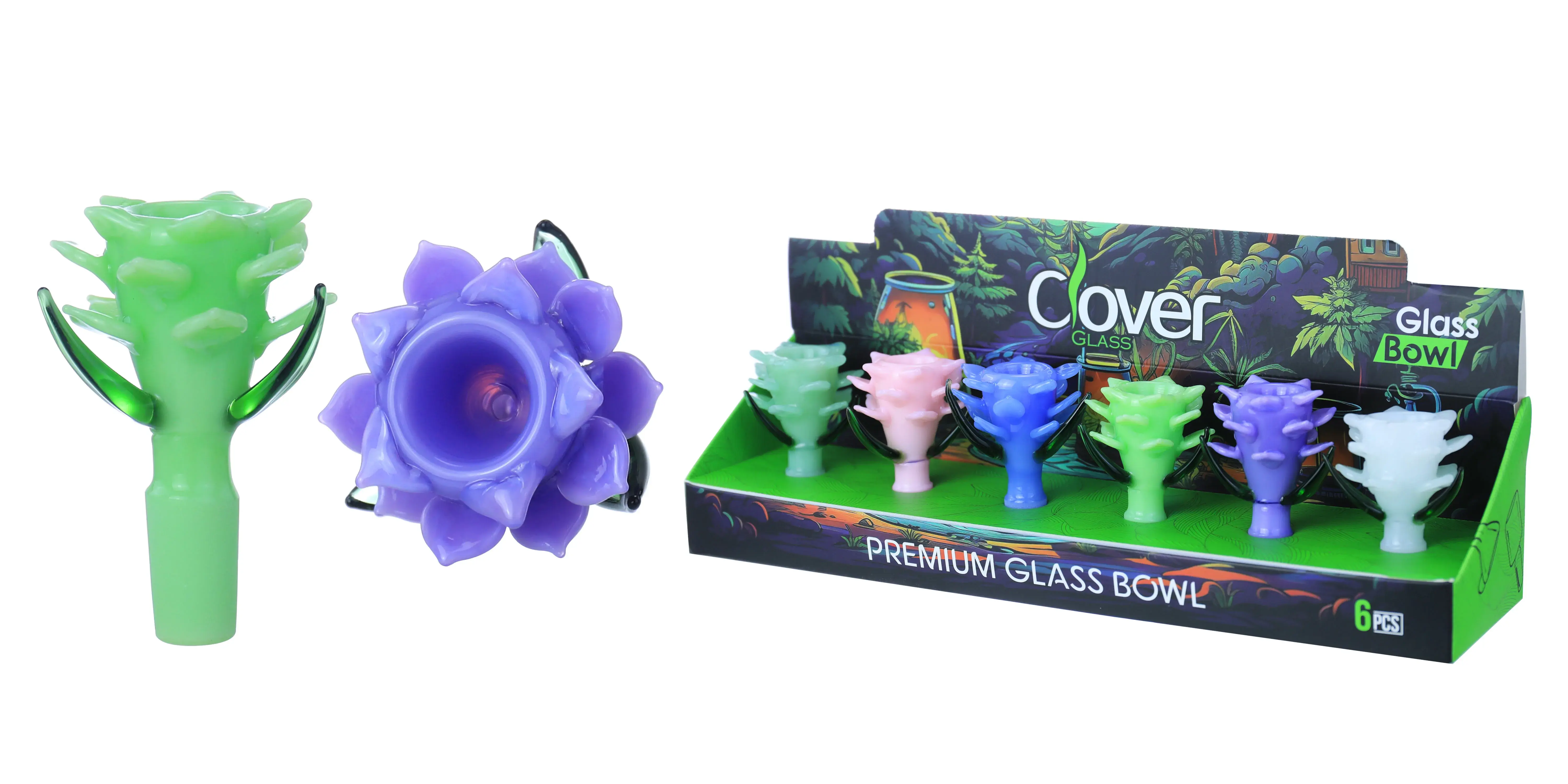 [10102-14] Clover Glass Blow Head 14MM 6Pc a Display Mix Color  (Spiked)