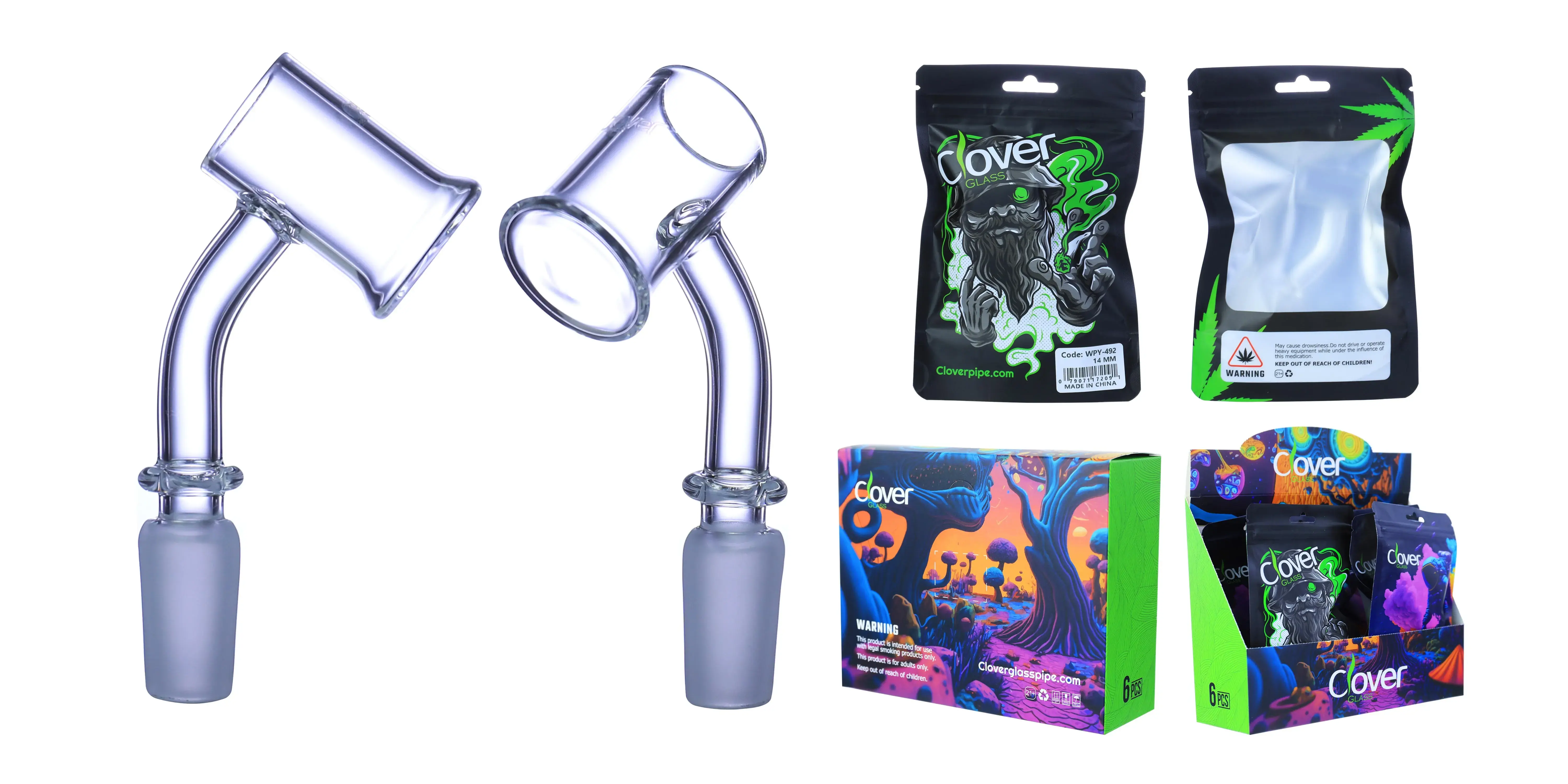 [Q-4842-14] Clover Glass Banger 14MM 6PC a Display (45 Degree Bell Bottom)