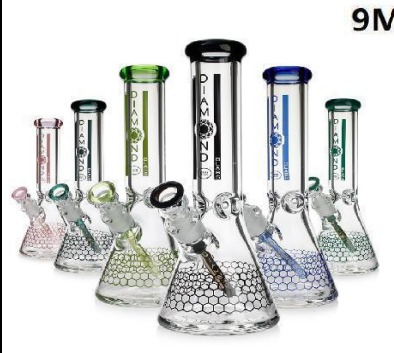 [Q-4442] WATER PIPE 12 inches thick DIAMOND GLASS Color bowl mixed colors
